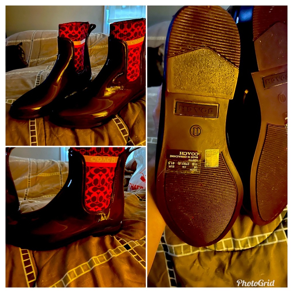 Coach rain boots new never worn brown with red monogram side 11
